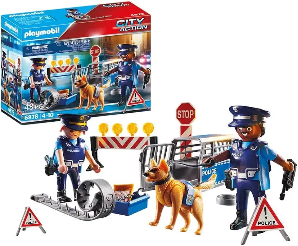 PLAYMOBIL | City Action | Straßensperre mit Hund | Inkl. Hilfsmittel wie Radargerät, Schranke, Waffen und mehr, Hundebox | Für Kinder ab 5 Jahren | 6878