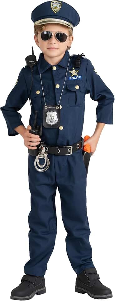 Dress Up America Polizeikostüm für Jungen – Hemd, Hose, Hut, Gürtel, Trillerpfeife, Pistolenhalfter und Walkie-Talkie-Cop-Set, Blau