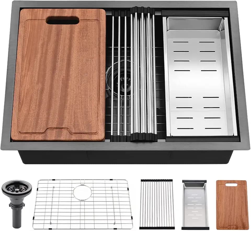24 Inch Black Undermount Kitchen Sink Workstation-Bokaiya 24x19 Black Stainless Steel Under Mount Sink Kitchen 16 Gauge 10" Deep Single Bowl Kitchen Sinks with Cutting Board