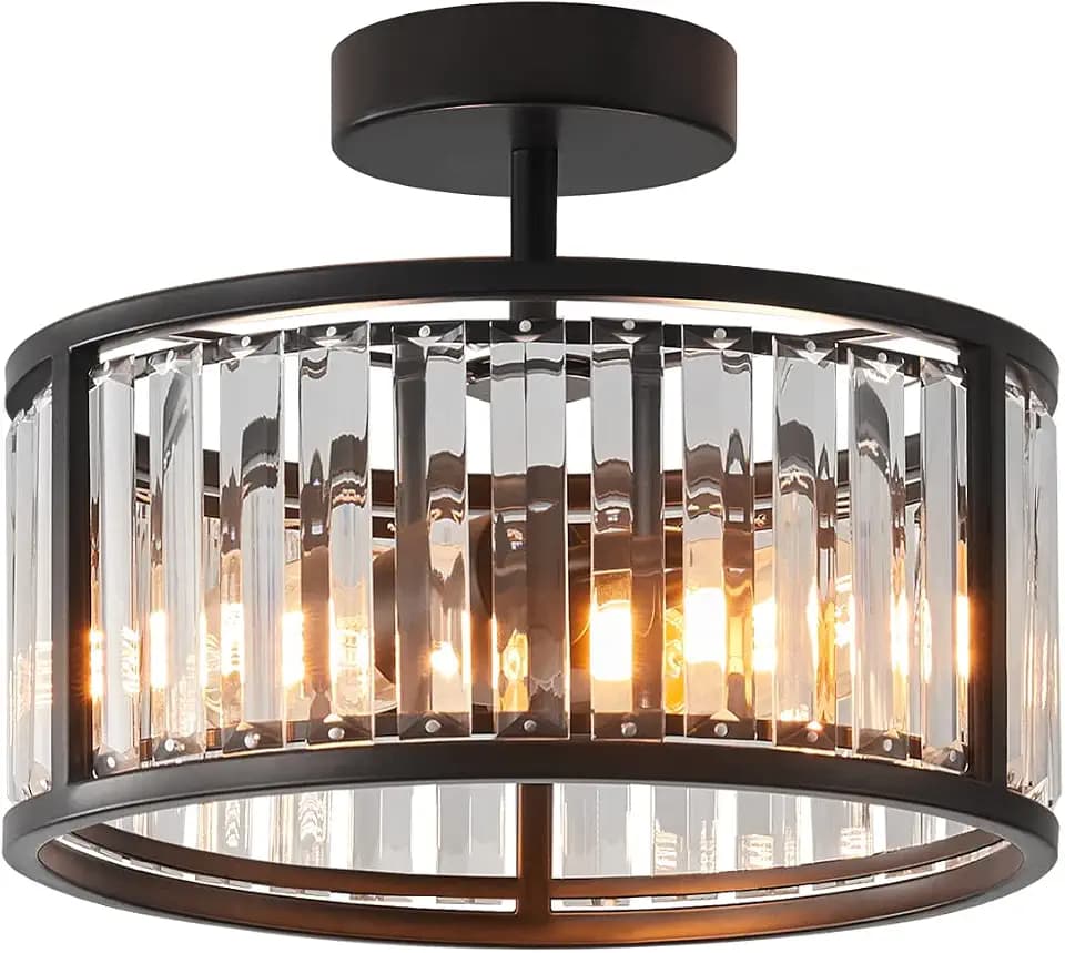 Black Flush Mount Ceiling Light, 2- Light Caged Crystal Chandelier, Small Drum Hallway Light fixtures Ceiling Mount (Black)
