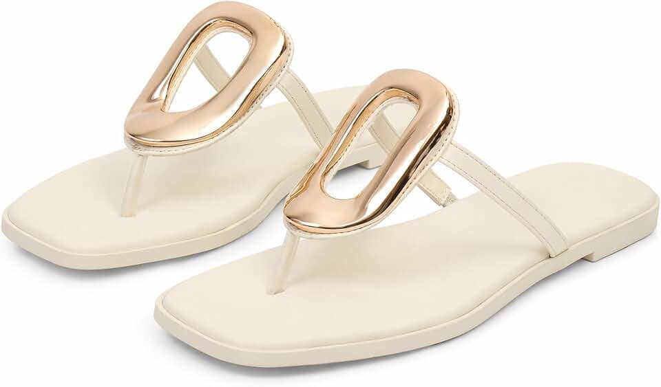 Wnshonzy Flip-Flops for Women Thong Sandals Flat Slip on Slides Beach Comfort Open Square Toe Ladies Slipper Dressy Metal Hardware Decoration Summer Shoes Casual Fashion