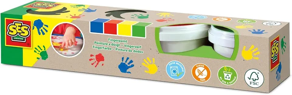 SES Creative Fingerfarben Kinder Ungiftig | Fingermalfarben | Leicht auswaschbar aus Kleidung | Made in Holland | für Kinder ab 2 Jahren | 4 Farben | 4 x 110ml | 24926