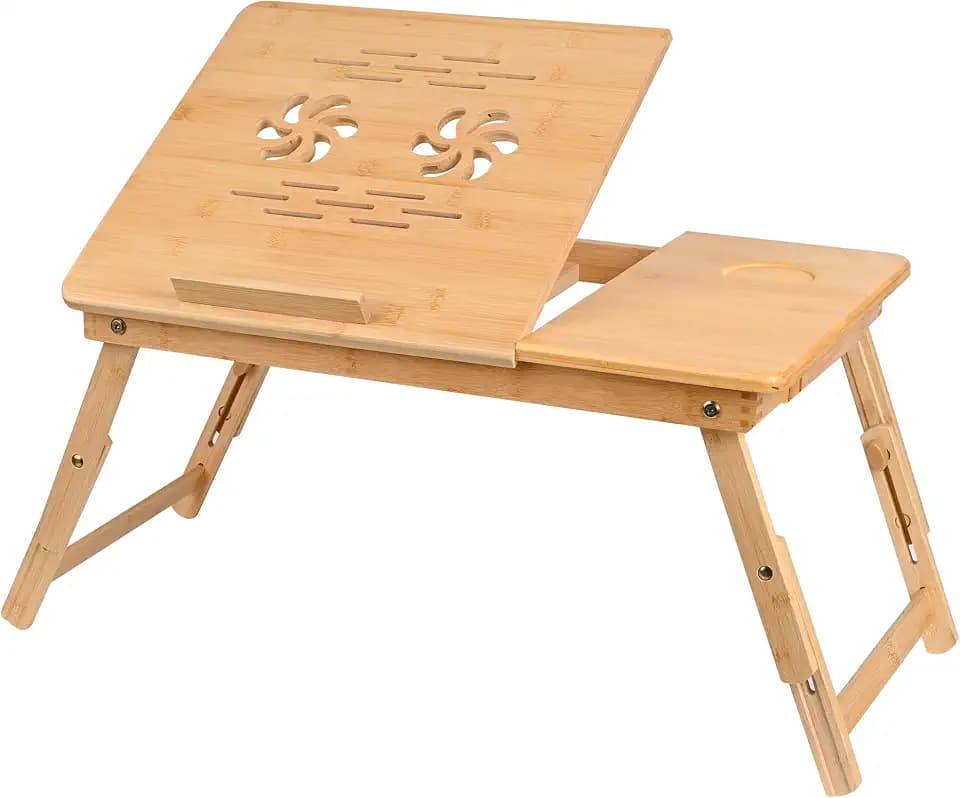 VASMIA Bambus Laptoptisch für Bett und Couch, Klapptisch, Frühstück Serviertablett mit klappbaren Beinen, höhenverstellbar, Bett Regal,zusammenklappbar, natürlich