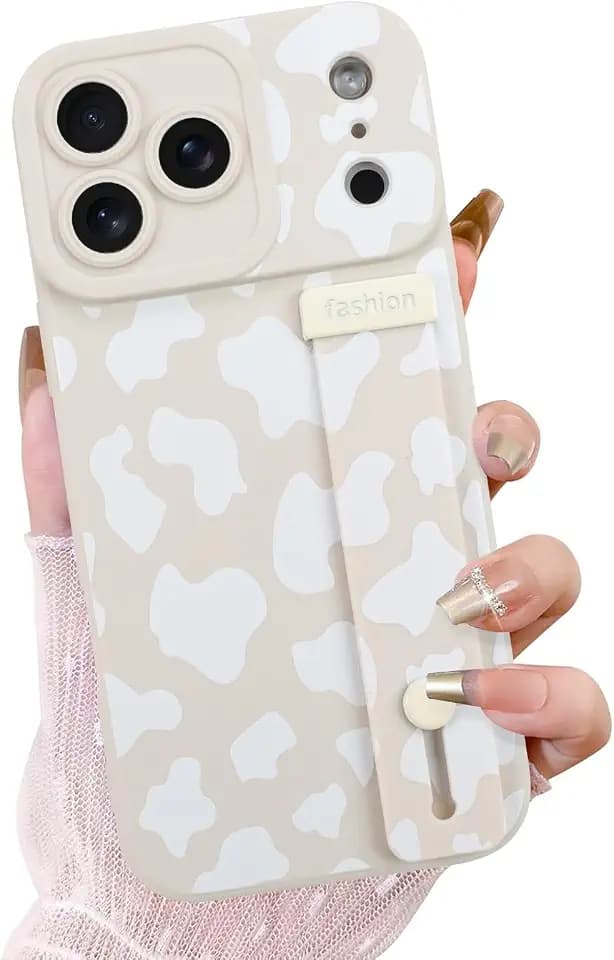 OOK Wrist Strap Case for iPhone 17 Pro, White Cow Print