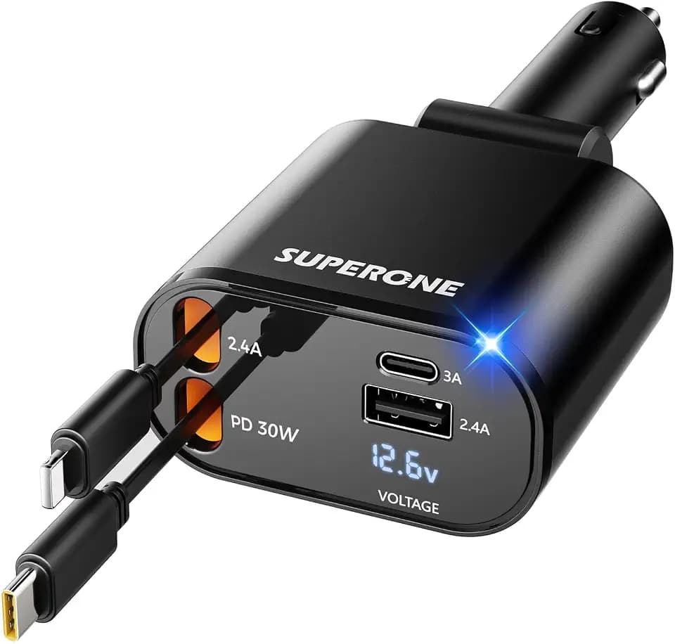 [Upgraded] SUPERONE Retractable Car Charger 4 in 1 Fast Phone Charger