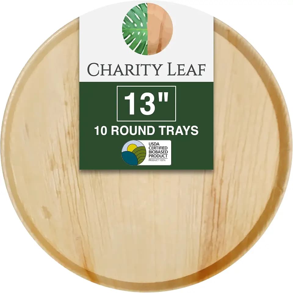 Charity Leaf Disposable Bamboo 13" Round Flat Trays (10 pieces) Bamboo Serving Platters, Disposable Boards, Eco-Friendly Dinnerware For Weddings, Catering, Events