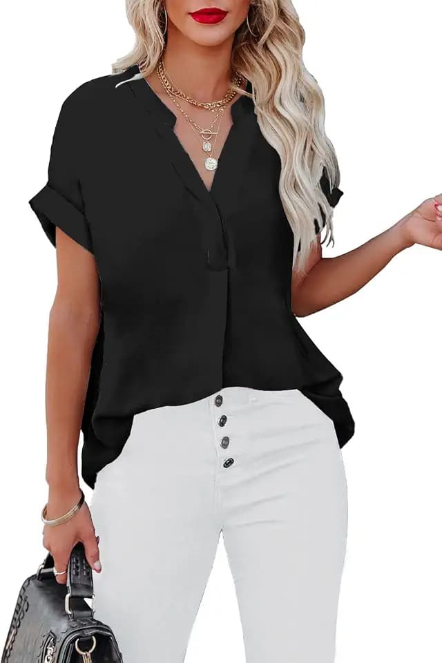 ANCAPELION Women’s Summer Chiffon Blouse Casual Short Sleeve V Neck Shirt Loose Printed Cuffed Sleeve Tunic Tops for Women
