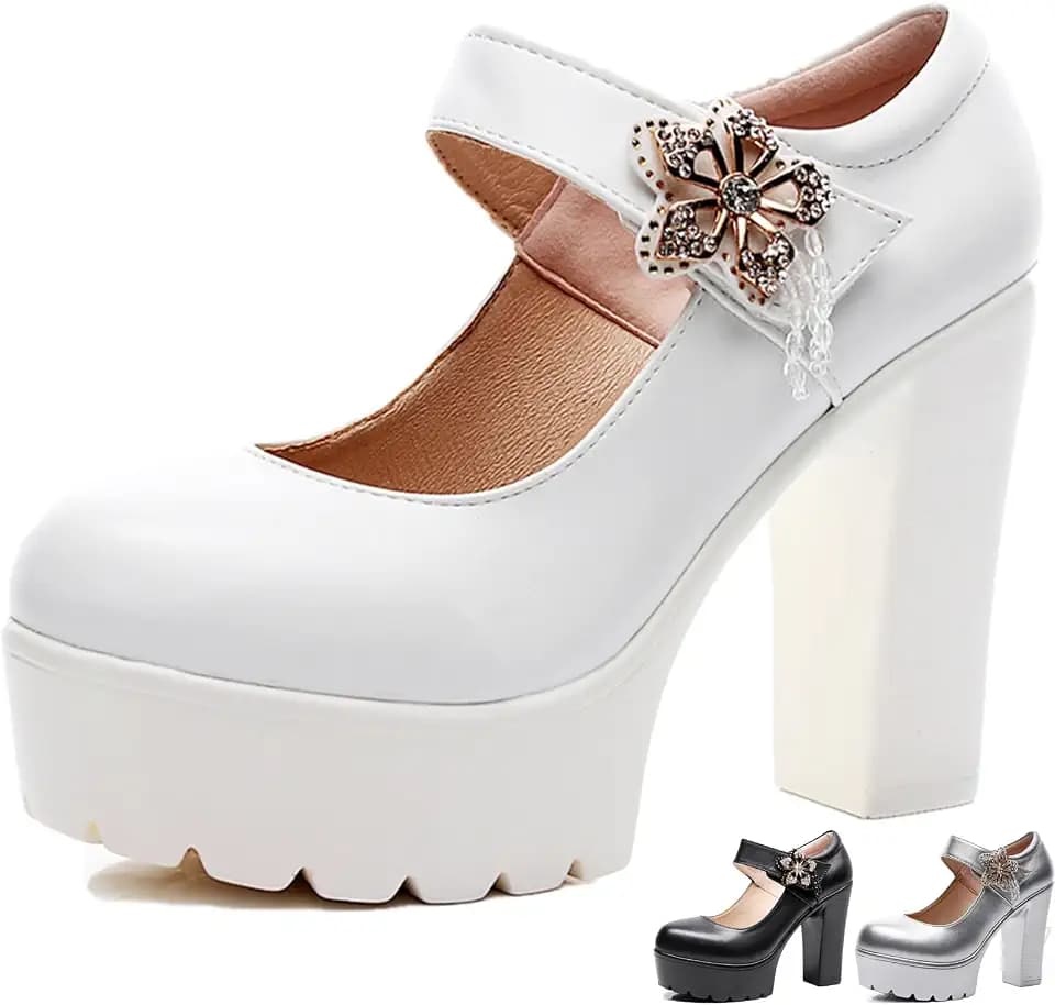 Women's Leather Platform High Chunky Heel Dress Mary Jane Pumps With Adjustable Flowers Hook And Loop Fashion Closed Round Toe Comfortable Non-slip Waterproof Pump Shoes for Formal Wedding Party Work