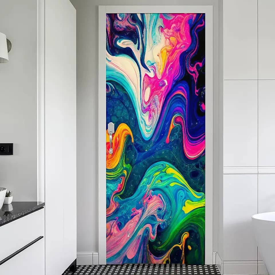 REDAMANCY Modern Abstract Fluid Colorful Pink Green Peel and Stick Door Stickers Vinyl Mural Decals Decor Modern Wallpaper Self-Adhesive, Waterproof, Removable