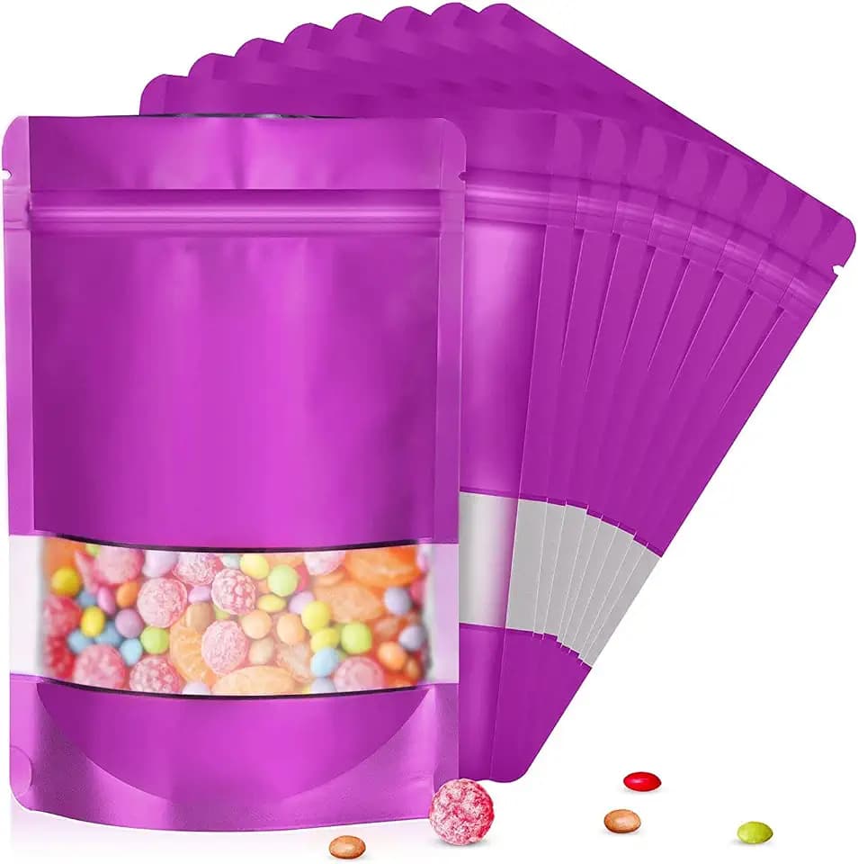 120pcs 5.5"x7.8" Mylar Bags for Food Storage,Smell Proof Bag with Matte Window Resealable Food Storage Bags for Small Business, Stand-up Foil Pouch Packaging Freeze Dried Candy Bag（Purple）