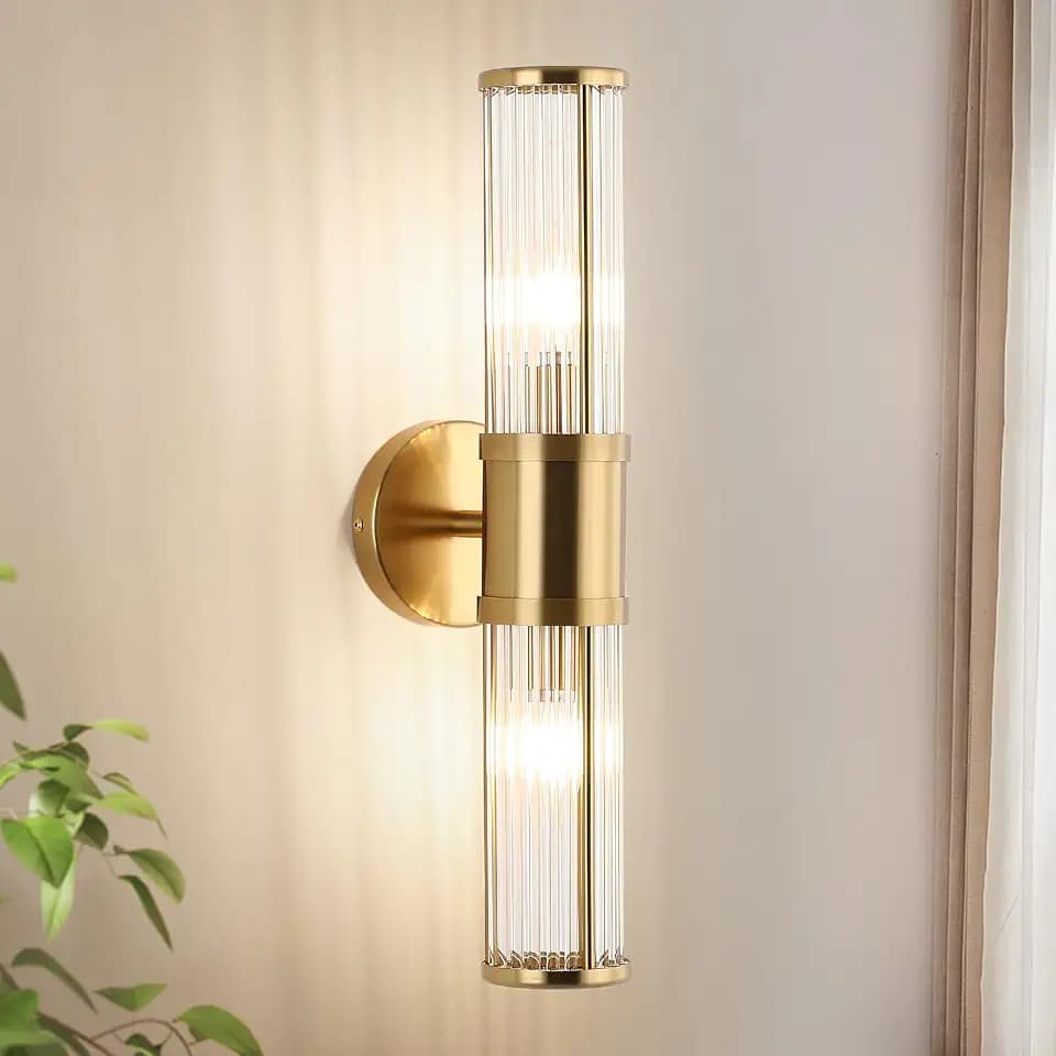 Modern Brushed Brass Vanity Light Fixture 1 Pack, Dual Glass Rods Wall Sconce for Bathroom, Double Light Socket E12 Candelabra Base, Mirror Vanity Lighting (Bulbs Not Included)
