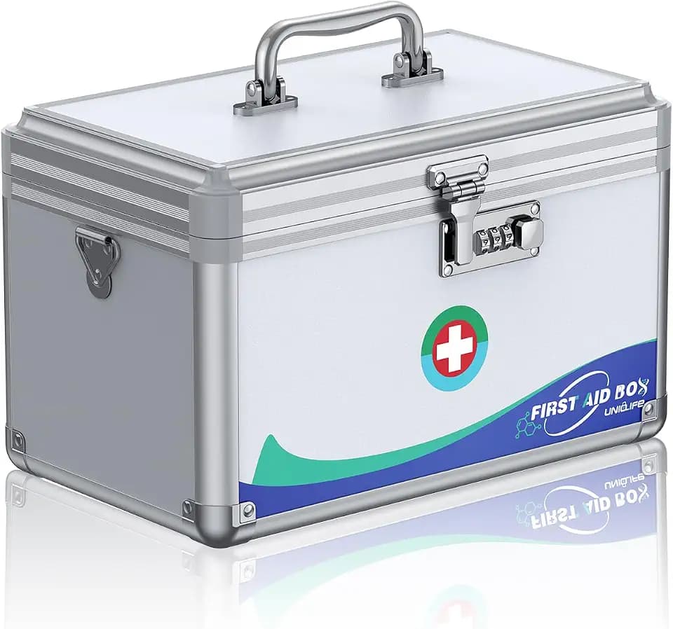 Uniclife Medikamentenbox mit Zahlenschloss 30x18x19 cm, tragbare Metallbox mit Griff & Schultergurt für sichere Aufbewahrung von Arzneimitteln und Erste-Hilfe-Bedarf