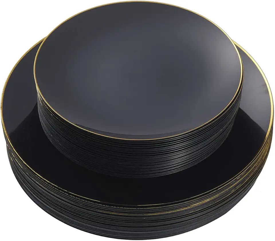 N9R 60pcs Black Plastic Plates with Gold Rim -Disposable - 30pcs Dinner Plates 10 Inch and 30pcs Disposable Dessert/Salad Plates 7 Inch, Perfect for Party Wedding Birthday Party, Halloween