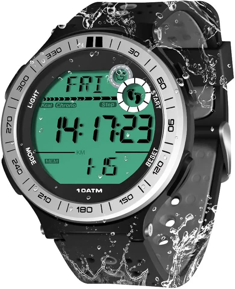 Pedometer Armbanduhr für Herren, Tauchuhr, 10 ATM, wasserdicht, mit Tour-Stoppuhr-Funktion und Wecker, 12/24-Stunden-Format wählbar