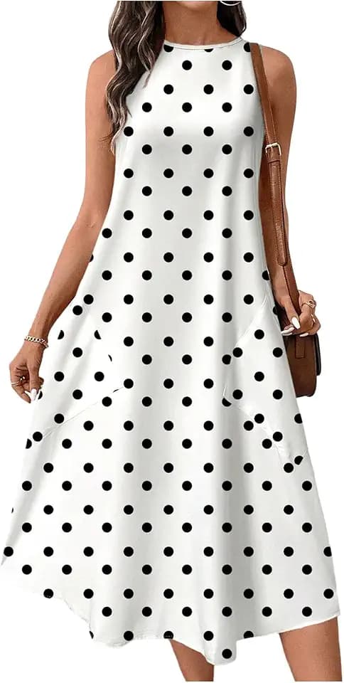 Verdusa Women's Polka Dots Tank Dress Vintage Sleeveless Crew Neck Flowy Midi Dresses