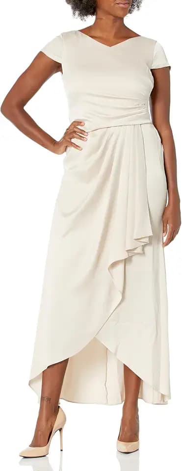 DKNY Women's Short Sleeve Asymmetric Neck Satin Gown