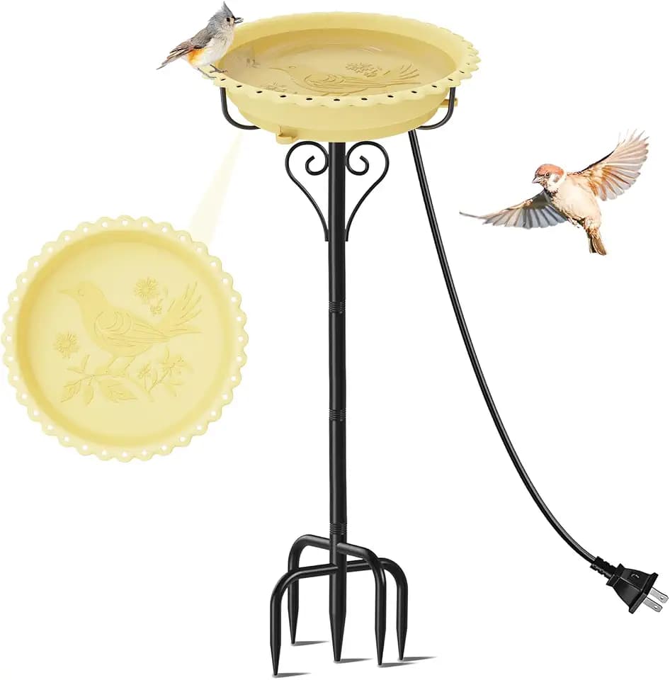 Heated Bird Bath for Outside Winter, Powerful 100W Thermostat Control Water Heated BirdBaths Bowl for Outdoors with 5-Prong Metal Base Heated Bird Bath for Garden Patio Yard Lawn(Beige)