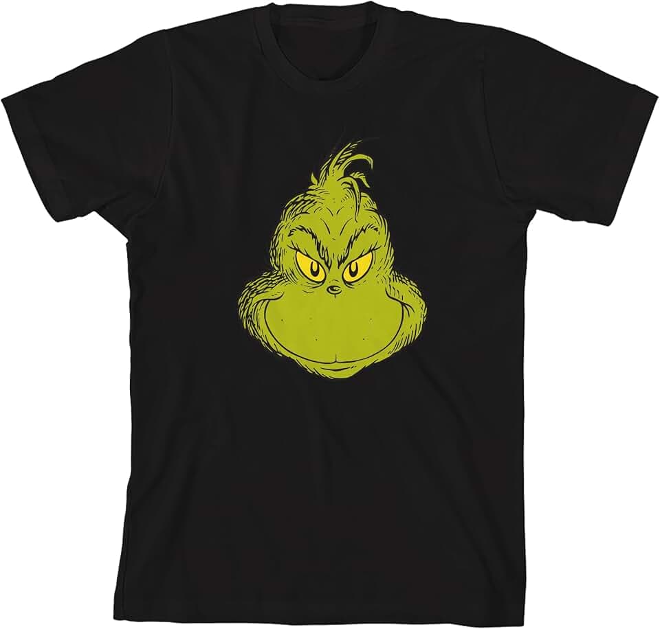 Bioworld The Grinch Smiling Face Youth Black Crew Neck Short Sleeve T-Shirt