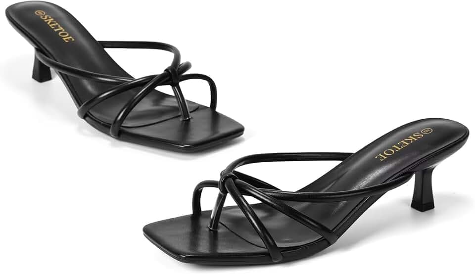 Kitten Heels for Women Strappy Flip Flop Heeled Sandals Square Open Toe
