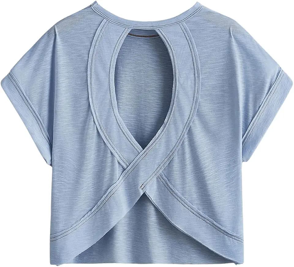 SOLY HUX Women Open Back Tops Workout Backless Tee Casual Athletic Shirts Short Sleeve Oversized Gym T Shirt