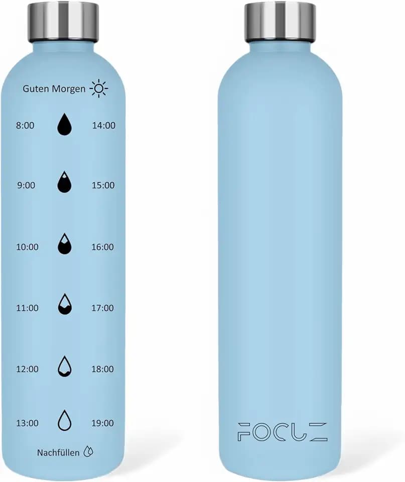 FOCUZ Motivational Bottle 1 L [Ocean] mit motivierender Zeitmarkierung, Trinkflasche 1l, 1 Liter - auslaufsicher, BPA frei, spülmaschinenfest, Kohlensäure geeignet