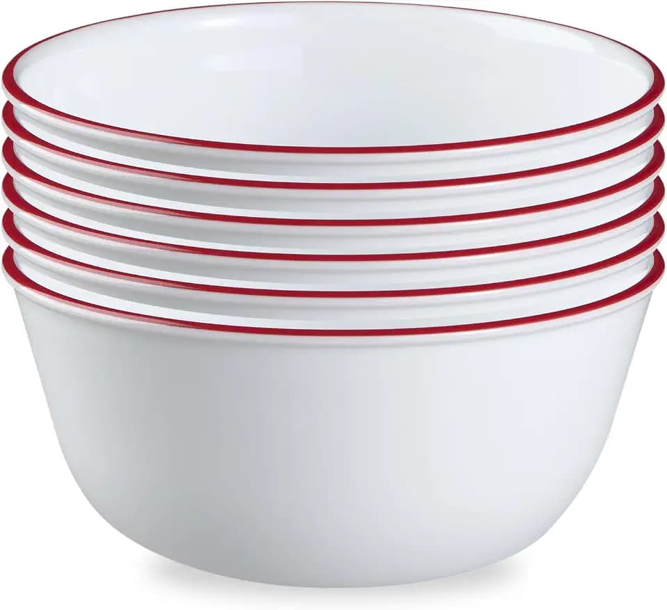 Corelle Vitrelle Glass 6-PC Bowls Set, For Soup Cereal & Dessert, Chip-Resistant & Lightweight Bowl Dinnerware Set, Red Banded 28 OZ