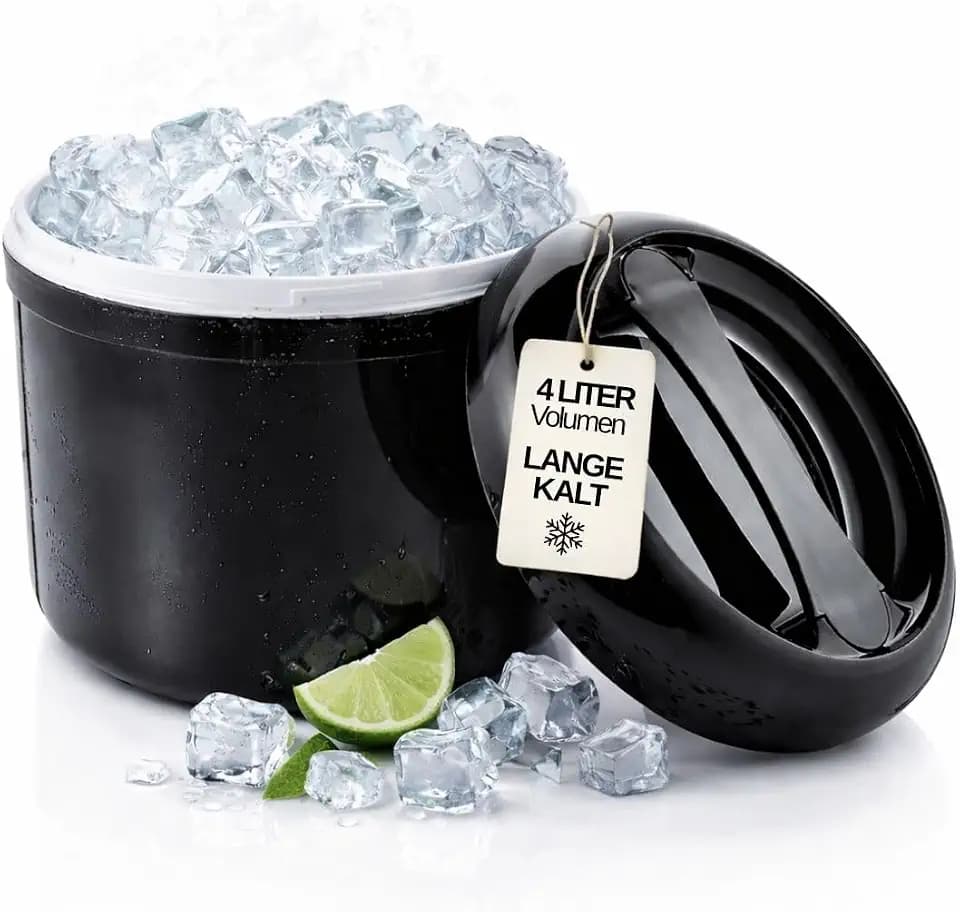 Eiswürfelbehälter 4 Liter mit Deckel – Doppelwandiger Eiskübel Schwarz inkl. gelochtem Einsatz – Isolierte 4 Liter Eisbox für Bar & Party – Robuster Ice Bucket & Eiskühler