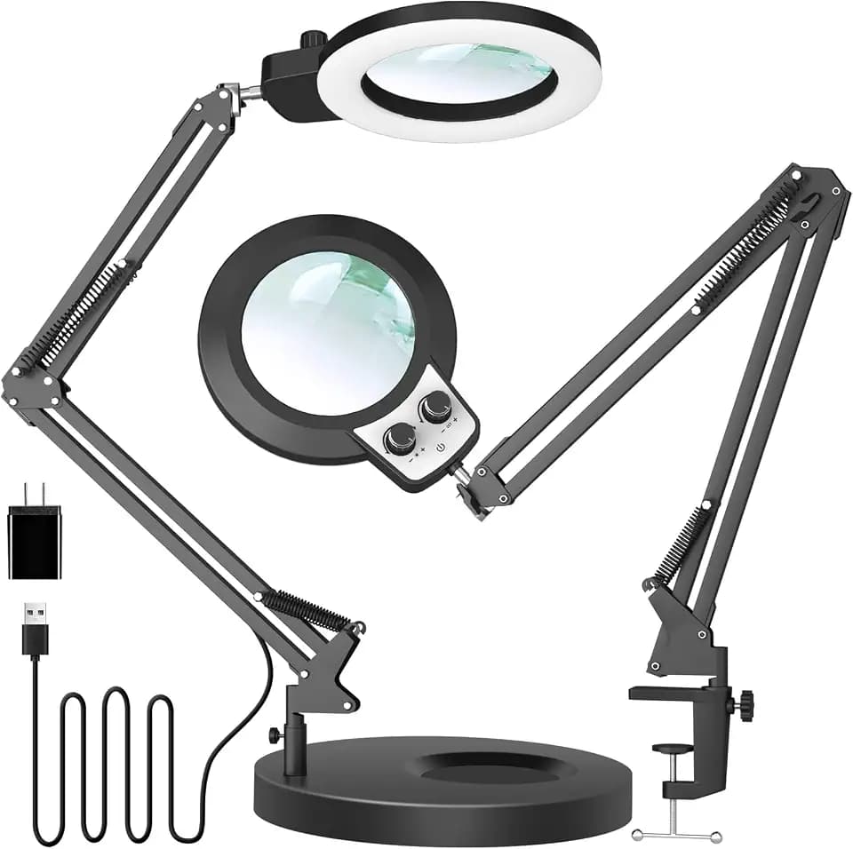 KIRKAS 12X Magnifying Glass with Light and Stand, Overhead Knob 2 in 1