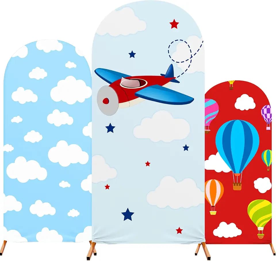 3 Pcs Toys Inspired Spandex Arch Backdrop Cover 4ft, 5ft, 6ft Cartoon Sky Clouds Hot Air Balloon Wedding Arch Stand Airplane Jet Background Cover for Baby Shower Birthday Party Decoration