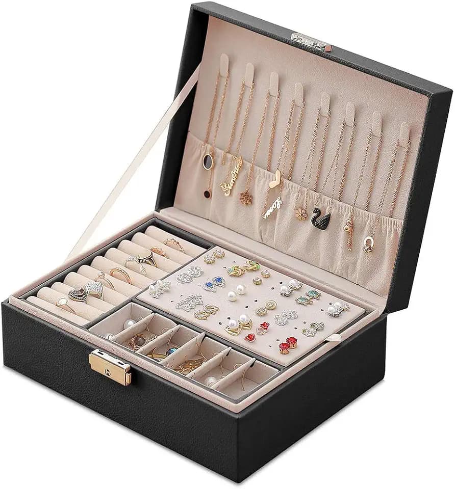 Schmuckkästchen, Damen Doppelschicht PU-Leder Aufbewahrungskoffer für Ringe Ohrringe Armbänder Halsketten Schmuck Veranstalter Geschenkbox für Mädchen Frauen(Schwarz)