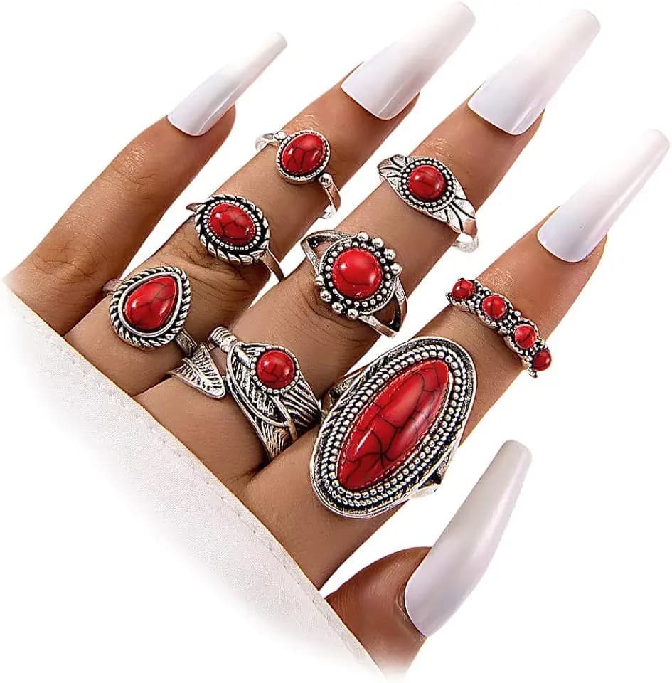 8Pcs Vintage Turquoise Rings for Women White Red Western Stackable Jewelry