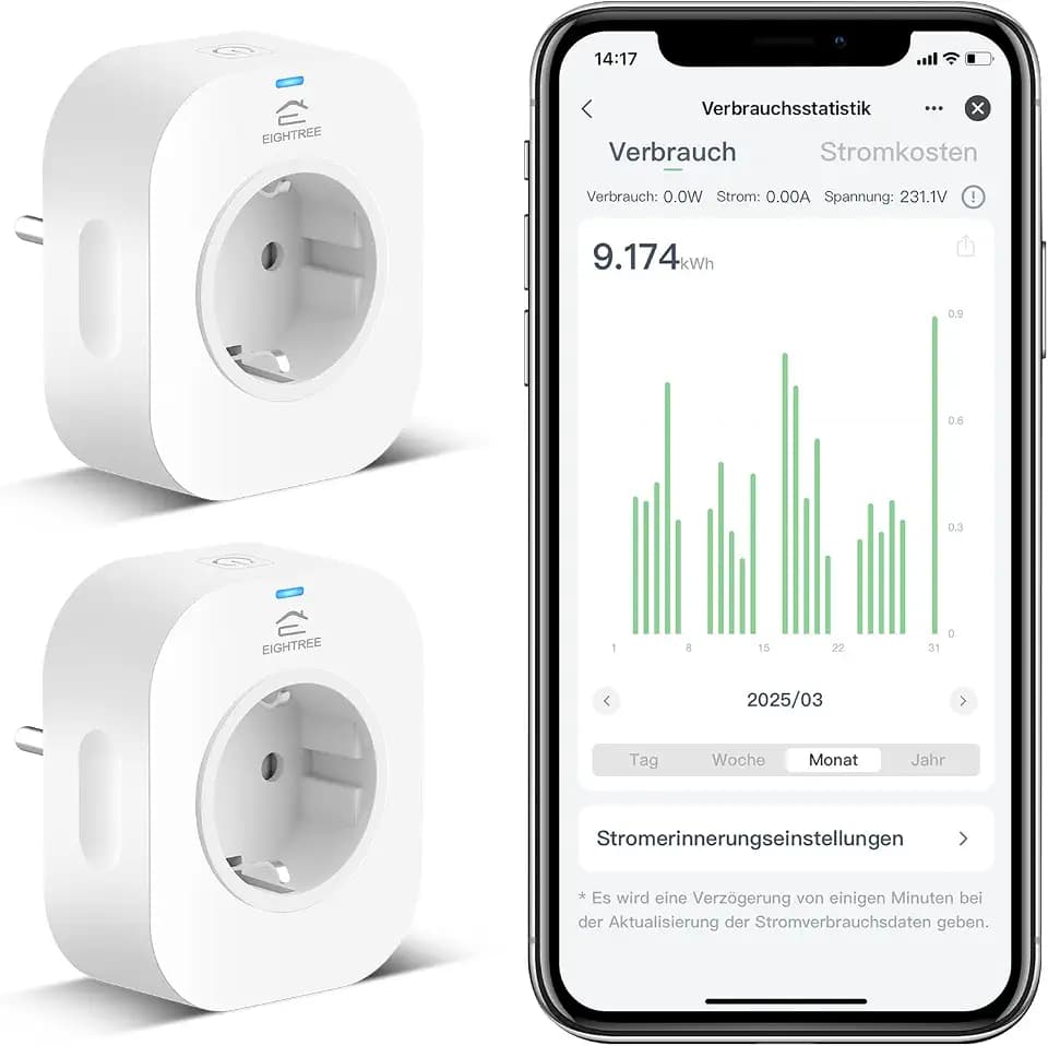 EIGHTREE Smart WLAN Steckdose mit Strommessung 16A, 2,4-GHz-WLAN 2er Pack