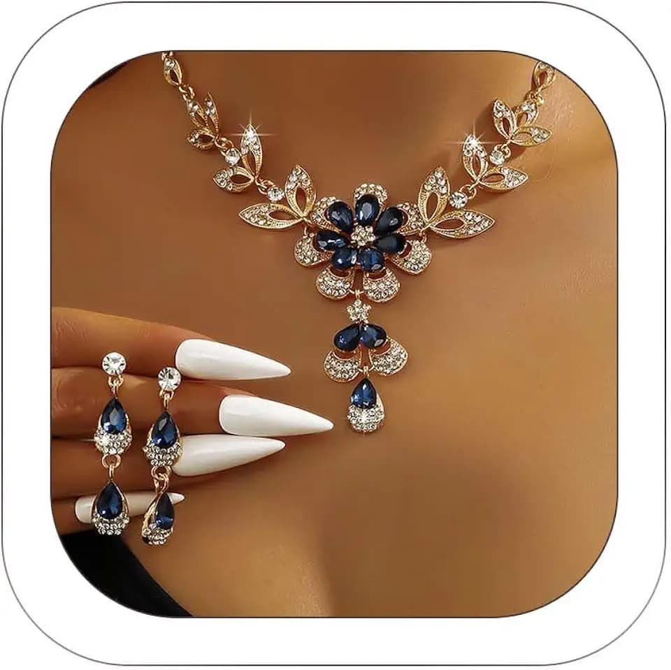 Wedding Jewelry Sets for Brides Rhinestone Necklace and Earring Set Bracelet Ring Gold Silver Prom Jewelry Sets Diamond Flower Teardrop Necklace for Women