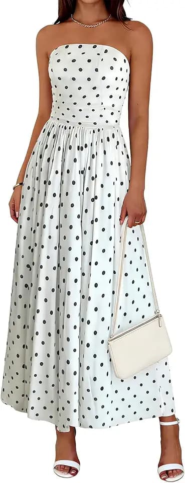 Wenrine Womens Strapless Maxi Dress Summer Polka Dot Long Tube Dresses