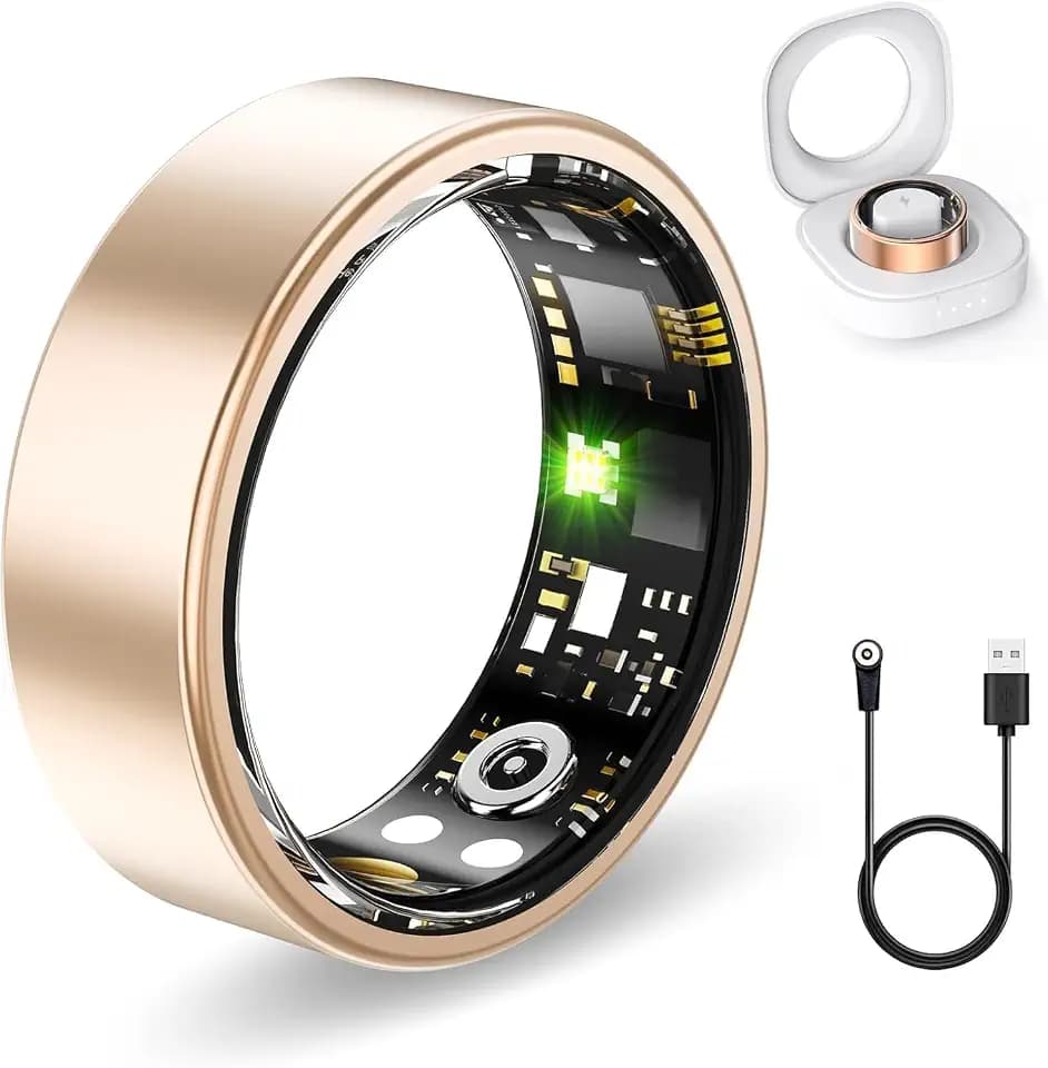 FKGZJF Smart Rings for Women Men, Fitness Ring with Heart Rate, Blood Oxygen, HRV, Stress, Sleep Tracker, Step Tracker, No Subscription Fee, lP68 Waterproof Smart Ring for iPhone & Android (Gold 10#