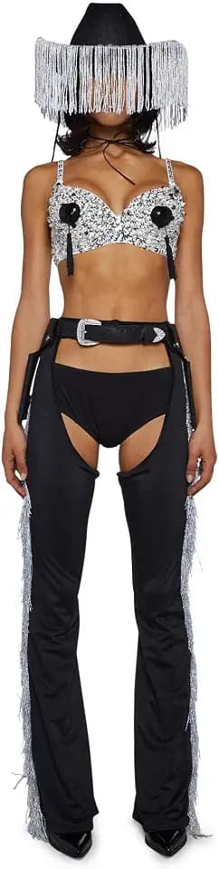 Dolls Kill Giddy Up Rhinestone Cowgirl Costume by Trickz N’ Treatz – Women’s Sequin Bra Top with Fringe Chaps & Hat