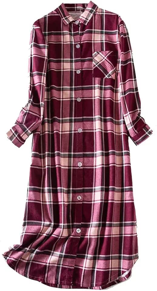 Dreamskull Langes Nachthemd für Damen, Baumwolle, klassisch, kariert, Flanell, langärmelig, Nachthemd, Button-Down, Boyfriend-Schlafshirt für Damen, lockeres Nachthemd, gemütlich, dick, Winter, Herbst