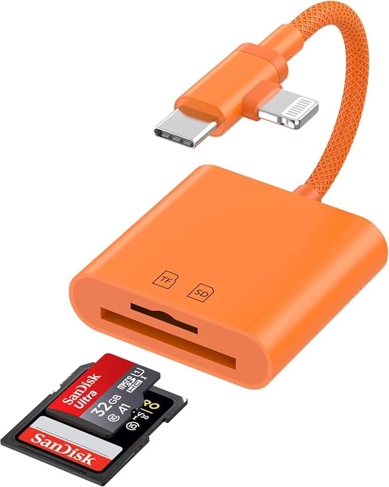 MFi Certified Orange 2 in 1 SD Card Adapter for iPhone, USB-C & Lightning