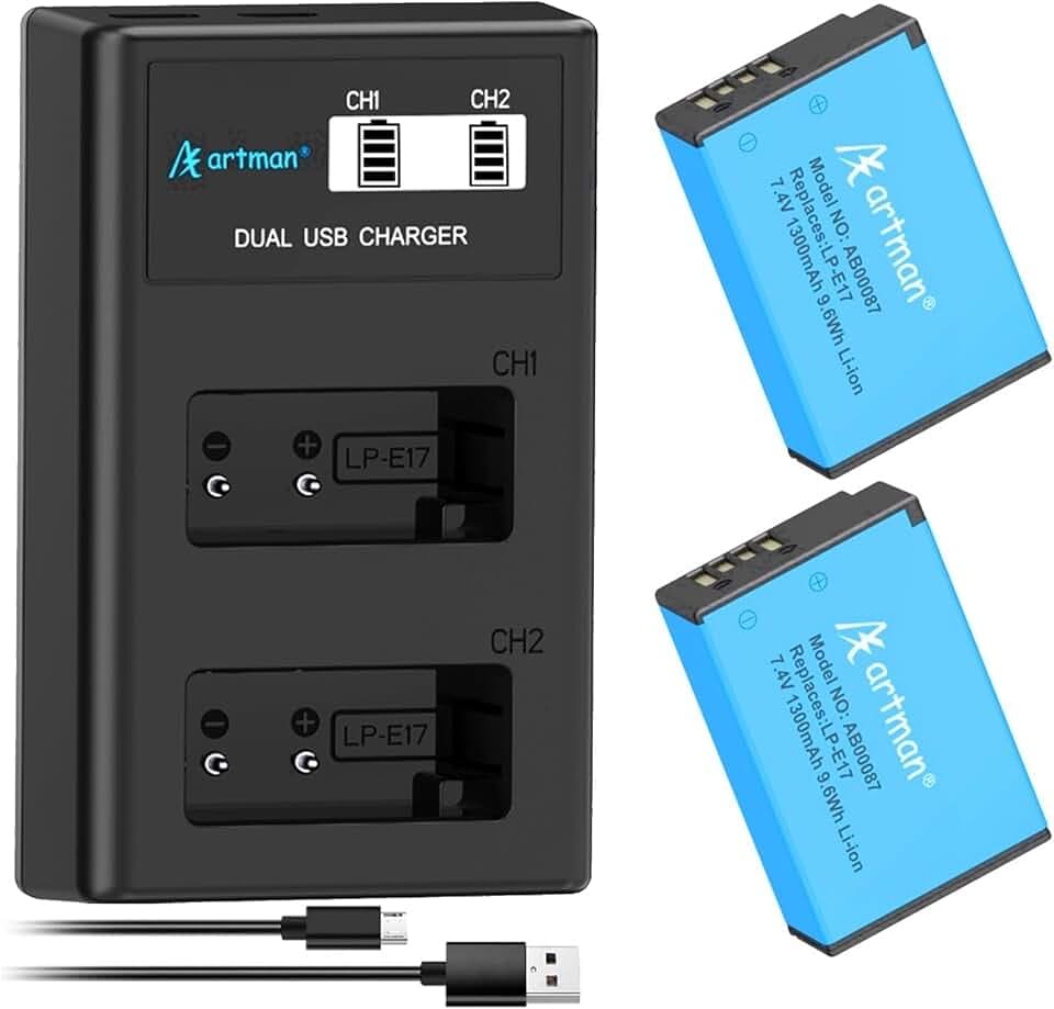 Artman LP-E17 Ersatzakkus 1300mAh und Dual USB Ladegerät, Kompatibel mit Canon EOS R10, RP, Rebel SL3, SL2, T8i, T7i, T6i, T6s, EOS M3, M5, M6, EOS 200D, 77D, 750D, 760D, 800D, 8000D (2er-Pack)