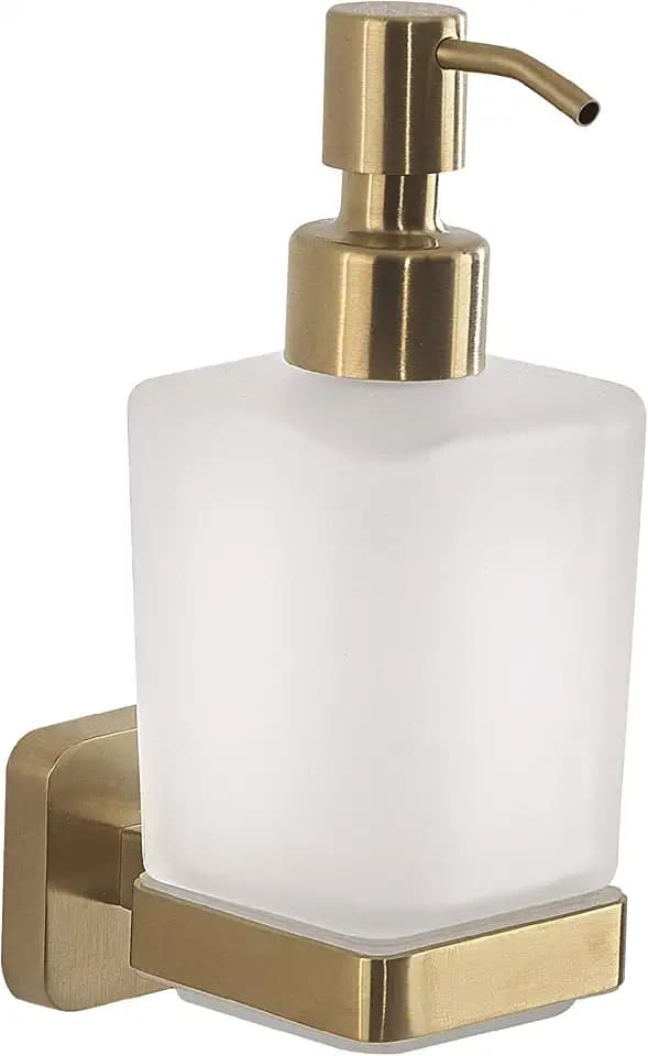 Gedy Tonga Seifenspender für die Wand, Mattes Gold, Edelstahl und Glas, Fassungsvermögen 220 ml, 6,3 x 11,7 x 17,3, selbstklebend, ohne Bohren