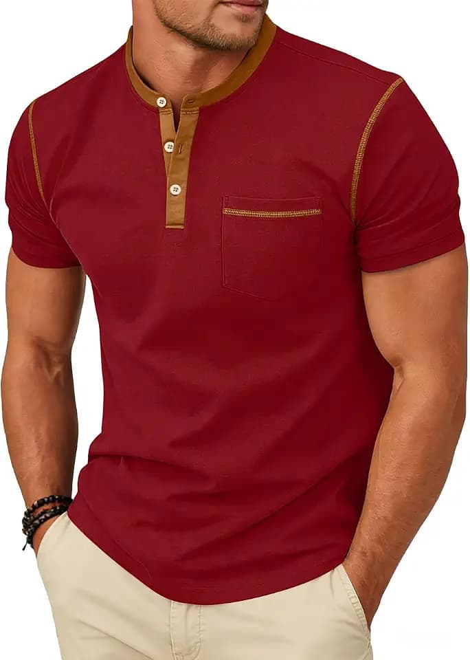 Men's Henley Shirt Casual Button Short Sleeve T-Shirt Summer Patchwork Color Block Tee Shirts