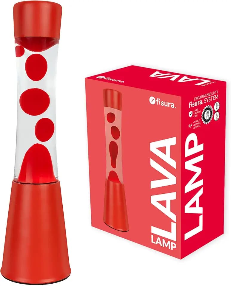 Fisura – Lava Lampe rot. Rote Basis und Lava mit transparentem Flüssigkeit, die beruhigende und entspannende Wirkung hat. Mit einer Ersatzbirne für eine lange Nutzung. Maße: 11 cm x 11 cm x 39,5 cm.