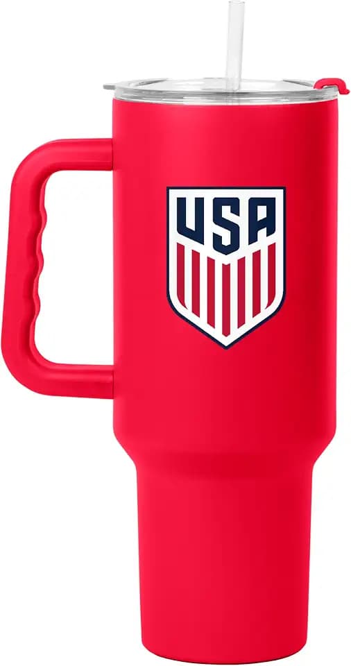 Logo Brands Soccer 40 oz Tumbler with Handle - Powder Coated-Stainless Steel with Straw – Leak-Resistant, Keeps Drinks Cold – Everyday Use – Great For Soccer Fans
