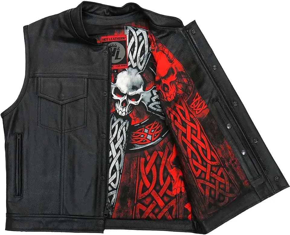 Hot Leathers Men’s Black Premium Leather Celtic Cross Conceal & Carry Club Vest with Stand‑Up Collar