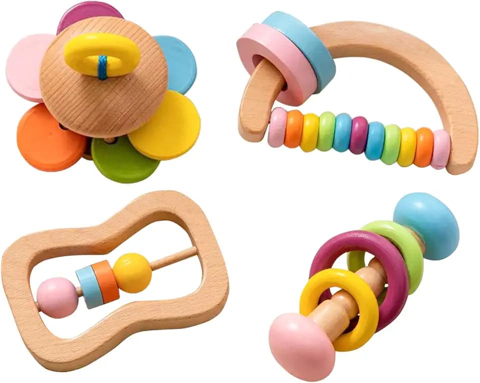 4 PCS Wooden Baby Rattle, Organic Colorful Baby Rattles Set, Wood Rattles for Babies 0-6-12 Months, Wooden Teether Crochet Rattle Toy for Infant Newborn,Montessori Toys for Babies 0-6 Months
