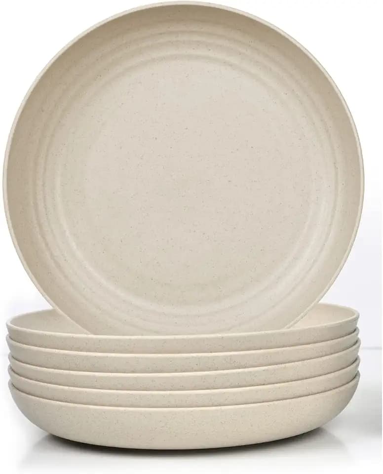 Tiefe Teller Set, 6Teilig 25cm Groß Speiseteller Bruchfest, Essteller Plastik Mehrweg, Camping Teller, Leicht, Kunststoff, Hoher Rand, Spülmaschinenfest, Beige