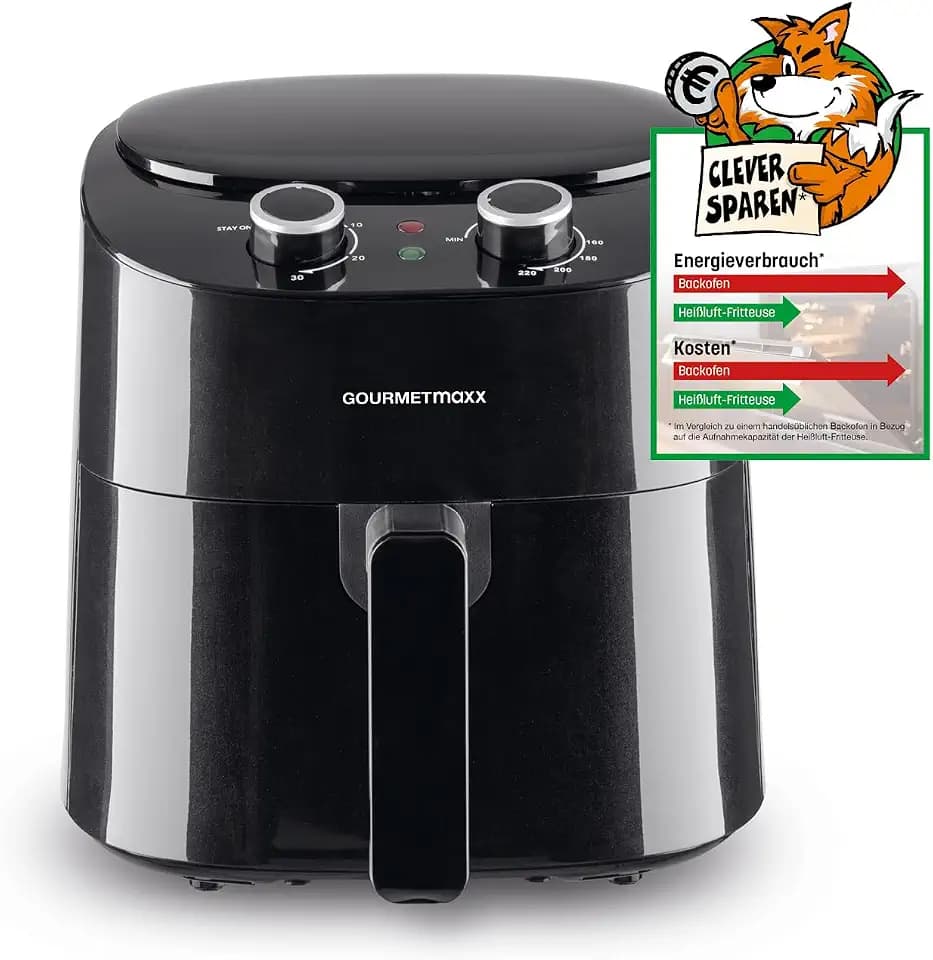 GOURMETmaxx Heißluftfritteuse 4,5L | Airfryer mit 8 Programmen, ideal zum besonders fettarmen Garen, Grillen oder Backen ohne Öl | Mit LCD-Display, Timer- & Stay-On-Funktion | 1400W [Schwarz]