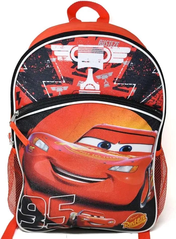 Disney Cars16 Kids Backpack – Colorful Cartoon School Bag with Front Pocket & Side Mesh, Lightweight Travel Backpack for Boys & Girls