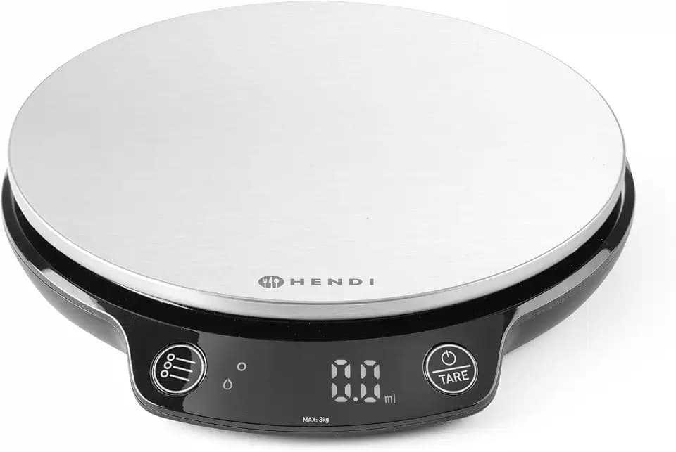 HENDI Digitale Küchenwaage, Haushaltwaage, Hochpräzisions, für max 3kg, mit eingebautem Digital-Display, inkl. 3 Batterien AAA 1,5 V, 165x180x(H)31mm, ABS, Edelstahl