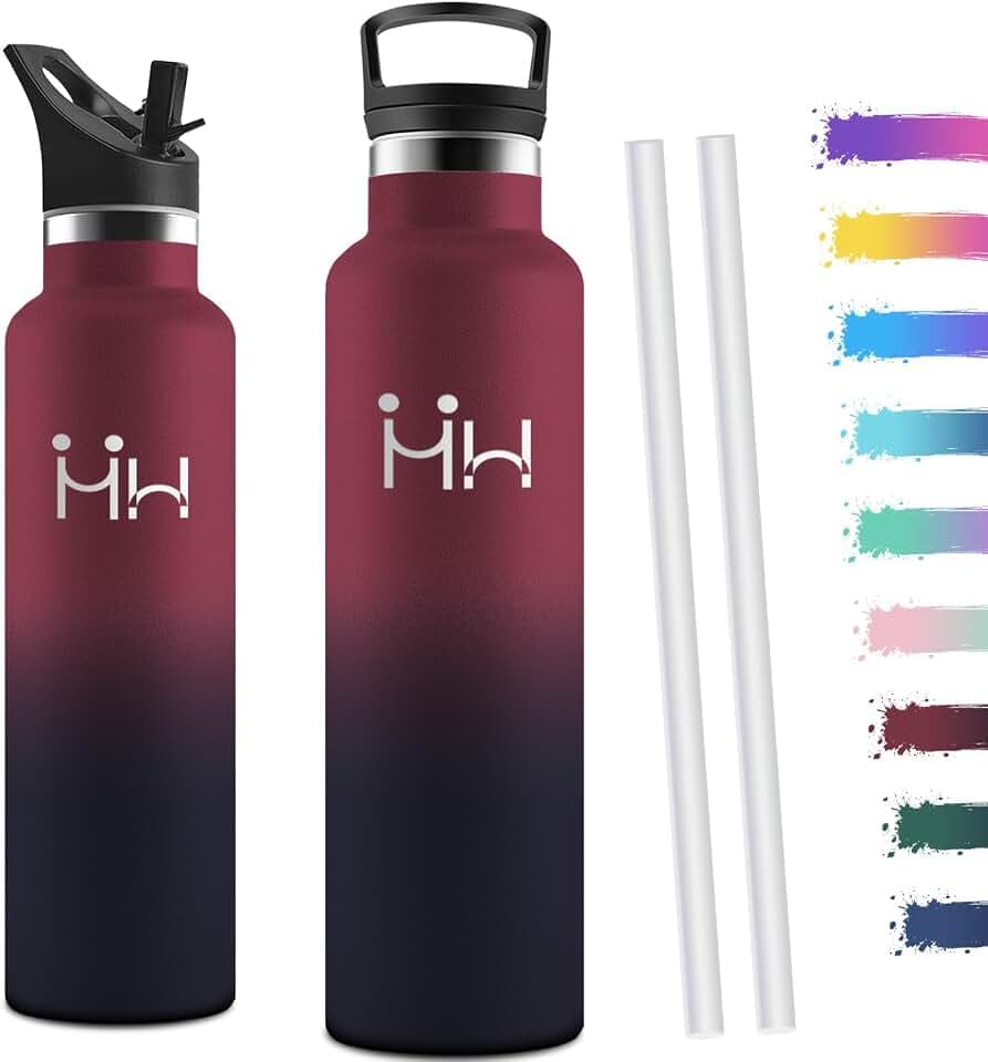Motswedi Thermosflasche 1l, mit Strohhalm, Trinkflasche Edelstahl, Auslaufsicher, Trinkflasche 1l, mit 2 Deckeln, Wasserflasche, Isolierflasche für Sport, Travel, Sprudel, Outdoor, Rot & Schwarz